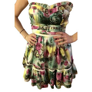 MINUET Womens Coquette Strapless Dress Size Small Tiered Floral Ruffles Fairy